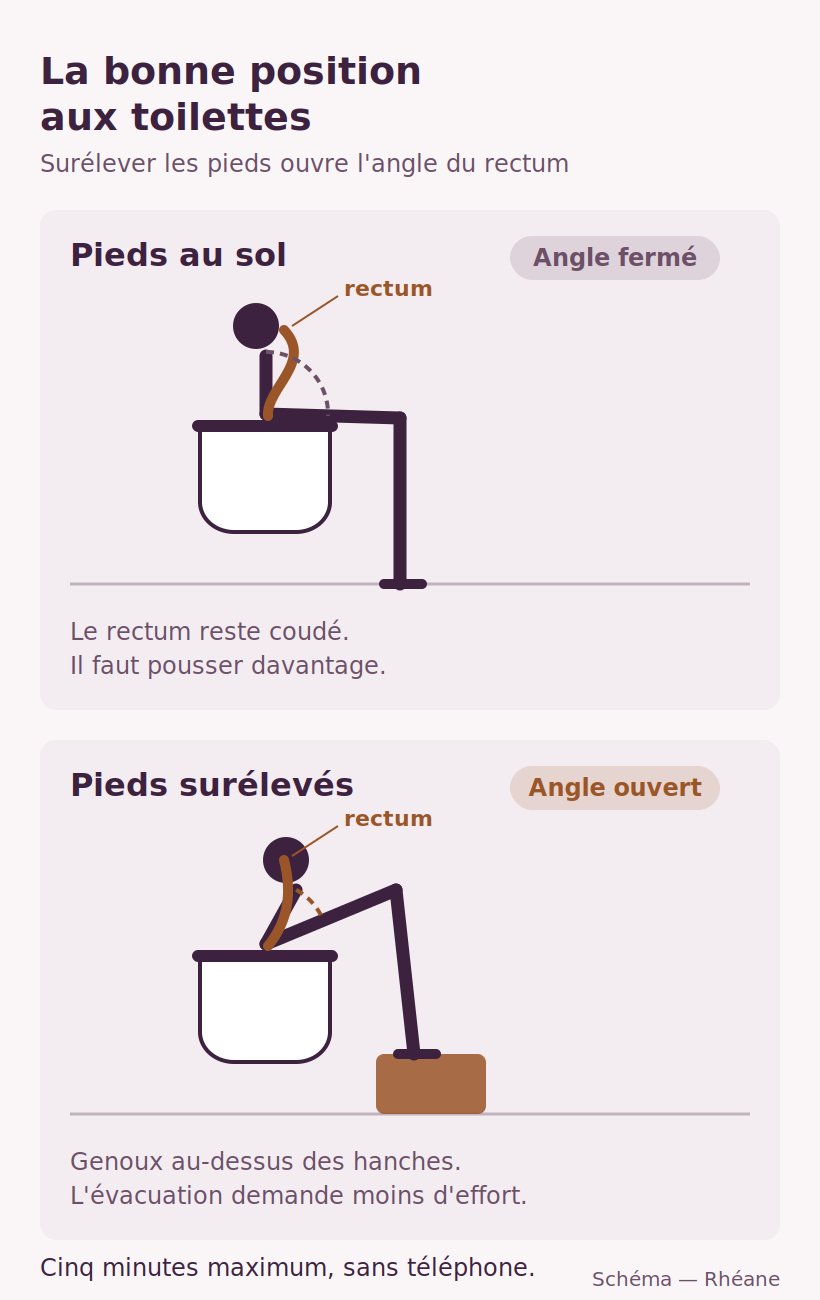 Position aux toilettes : pieds au sol contre pieds surélevés sur un marchepied, avec le rectum coudé ou plus droit